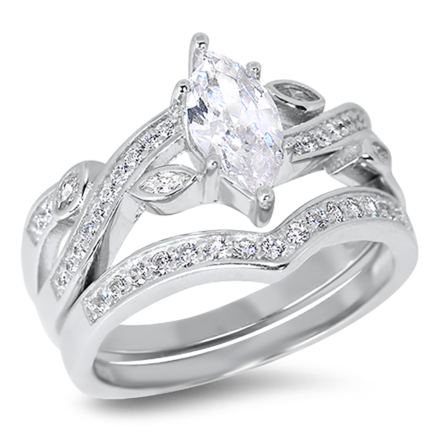 1.25 Carat Marquise Cut Cubic Zirconia Sterling Silver Wedding Ring Set