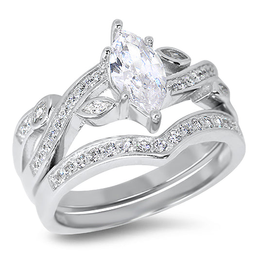 1.25 Carat Marquise Cut Cubic Zirconia Sterling Silver Wedding Ring Set
