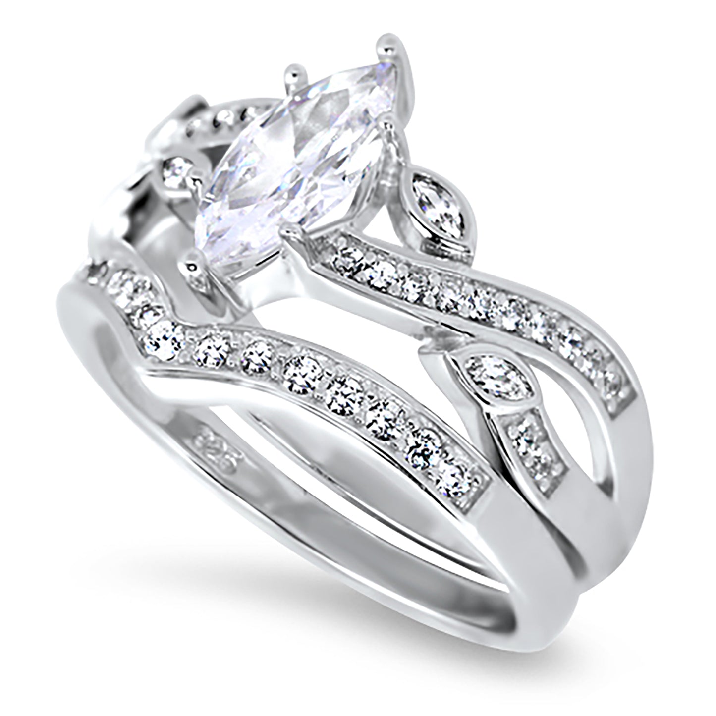 1.25 Carat Marquise Cut Cubic Zirconia Sterling Silver Wedding Ring Set