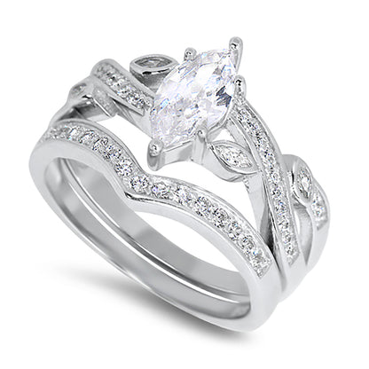1.25 Carat Marquise Cut Cubic Zirconia Sterling Silver Wedding Ring Set