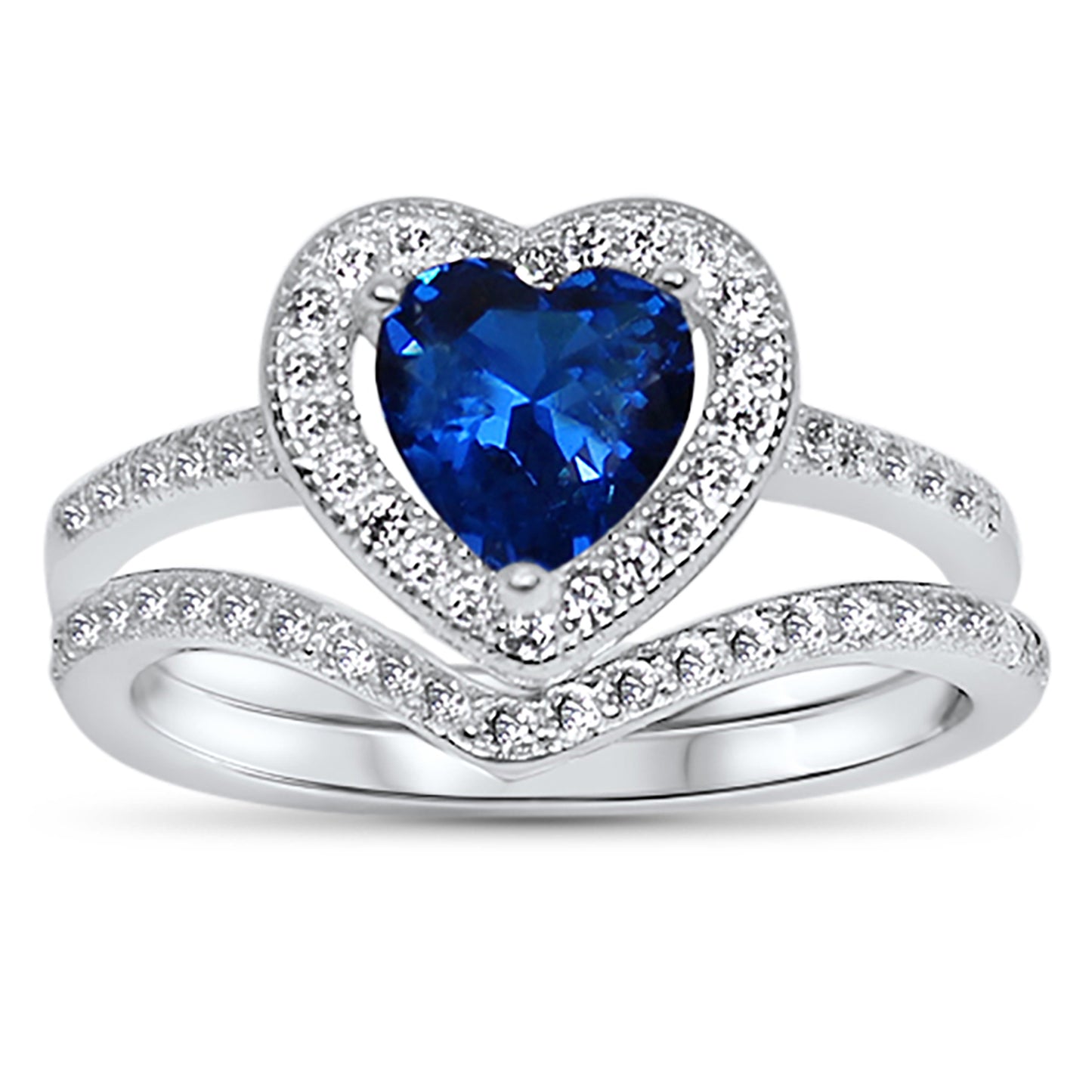 1 Carat Heart Cut Simulated Sapphire Silver Wedding Engagement Ring Set