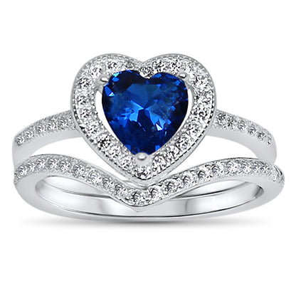 1 Carat Heart Cut Simulated Sapphire Silver Wedding Engagement Ring Set