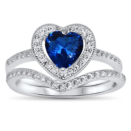 1 Carat Heart Cut Simulated Sapphire Silver Wedding Engagement Ring Set
