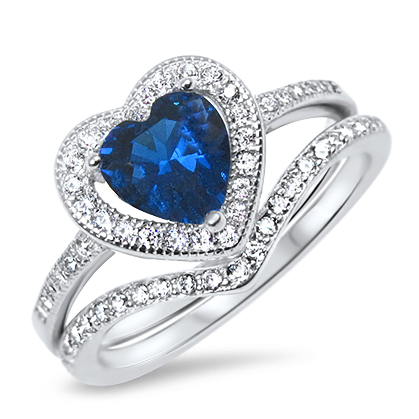 1 Carat Heart Cut Simulated Sapphire Silver Wedding Engagement Ring Set