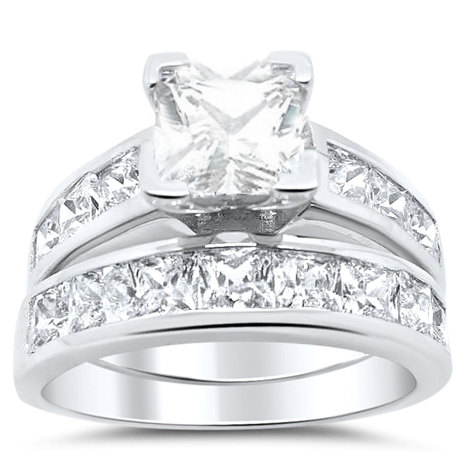 1.5 Carat Princess Cut Sterling Silver Wedding Engagement Ring Set