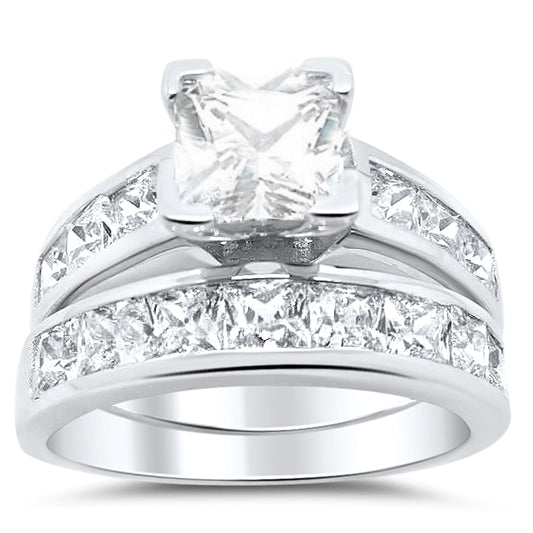 1.5 Carat Princess Cut Sterling Silver Wedding Engagement Ring Set