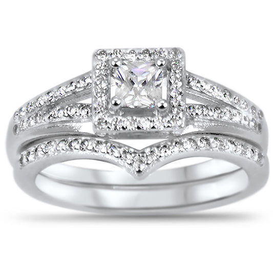 Half Carat Princess Cut CZ Sterling Silver Wedding Engagement Ring Set