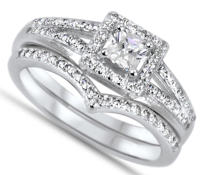 Half Carat Princess Cut CZ Sterling Silver Wedding Engagement Ring Set