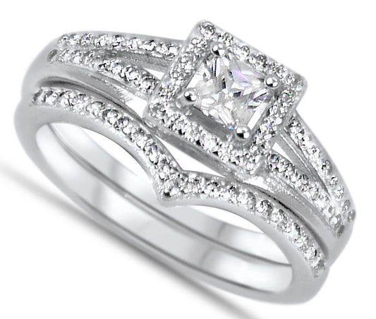 Half Carat Princess Cut CZ Sterling Silver Wedding Engagement Ring Set