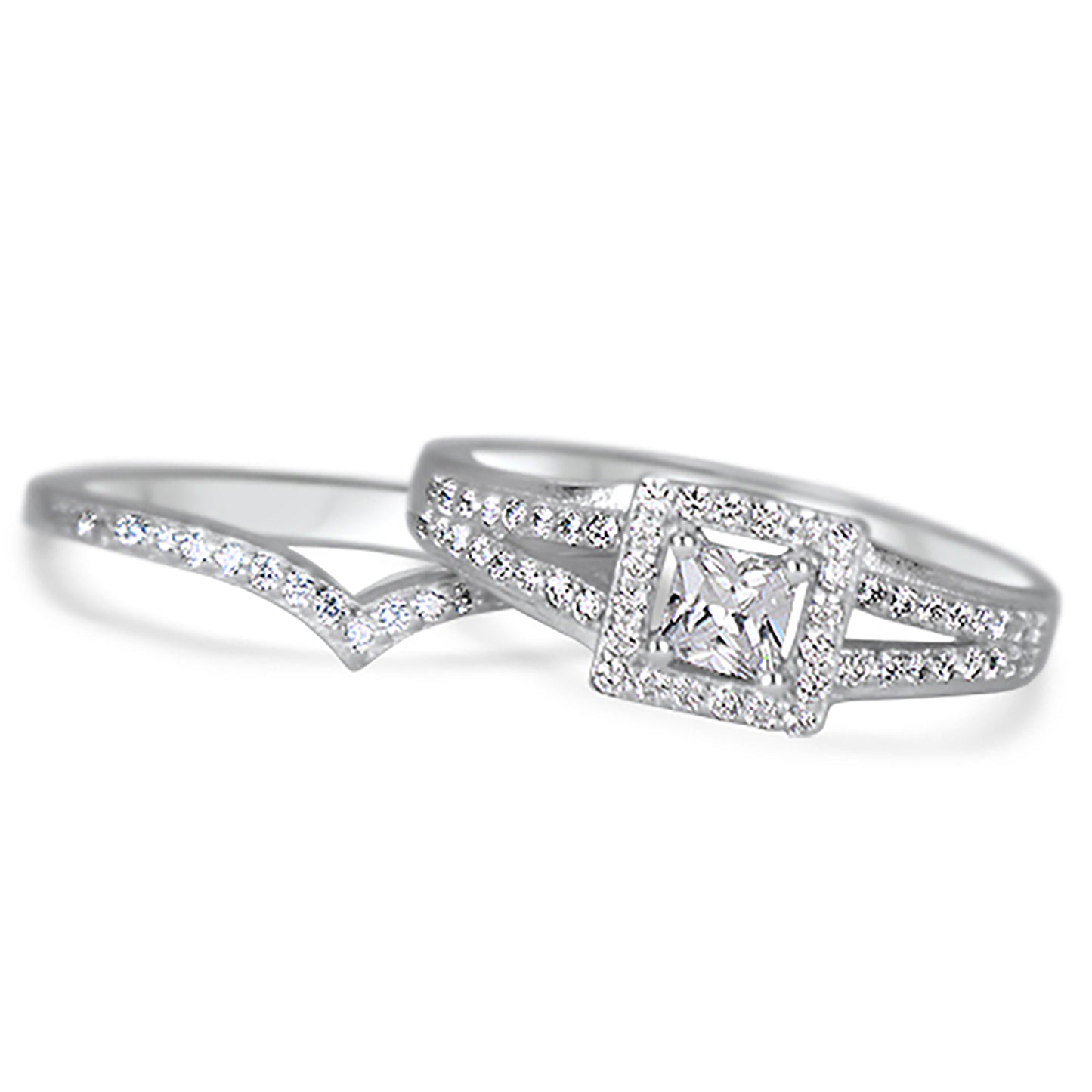 Half Carat Princess Cut CZ Sterling Silver Wedding Engagement Ring Set