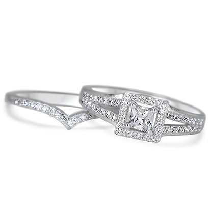 1 Carat Princess Cut Vintage Art Deco Silver Wedding Engagement Ring Set