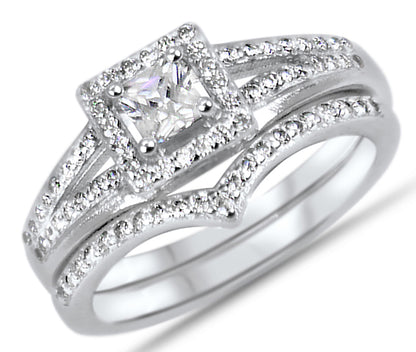 Half Carat Princess Cut CZ Sterling Silver Wedding Engagement Ring Set