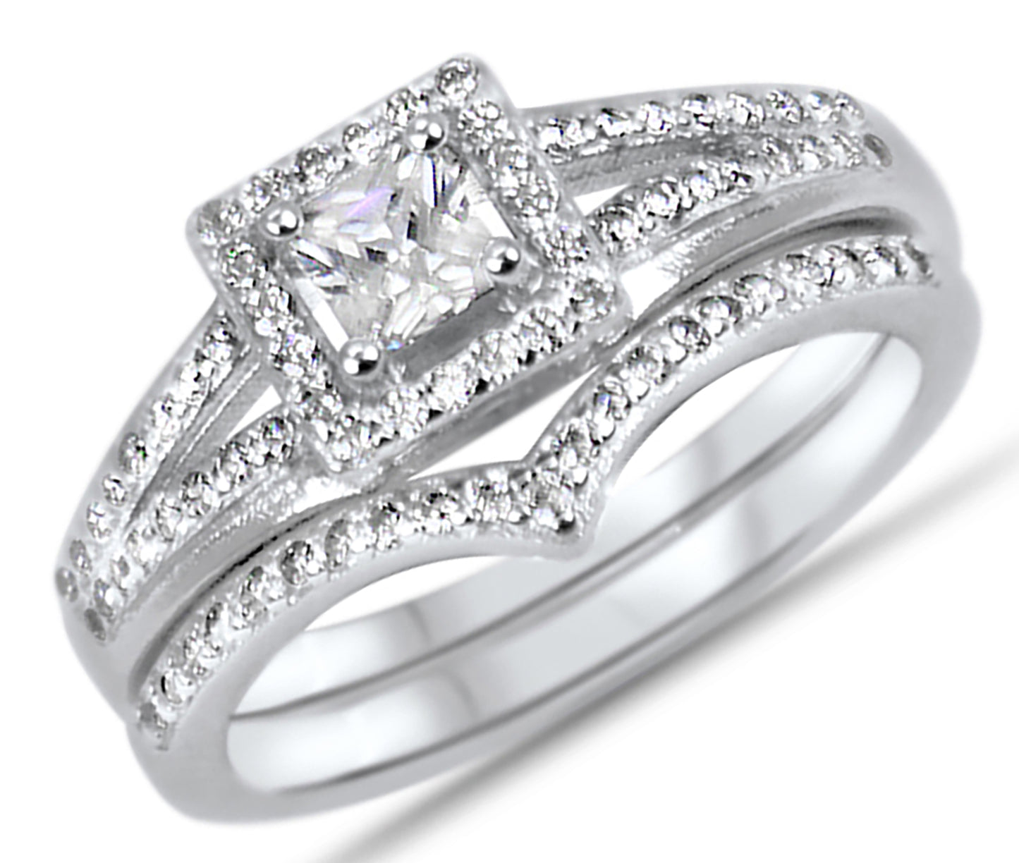 1 Carat Princess Cut Vintage Art Deco Silver Wedding Engagement Ring Set