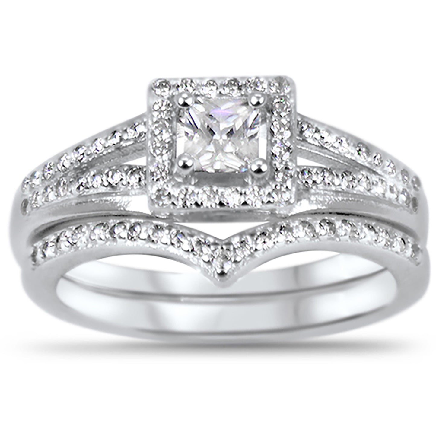 1 Carat Princess Cut Vintage Art Deco Silver Wedding Engagement Ring Set
