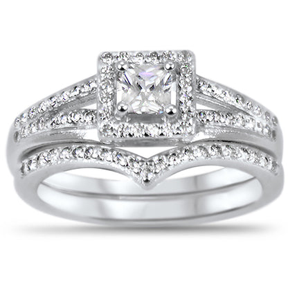 1 Carat Princess Cut Vintage Art Deco Silver Wedding Engagement Ring Set