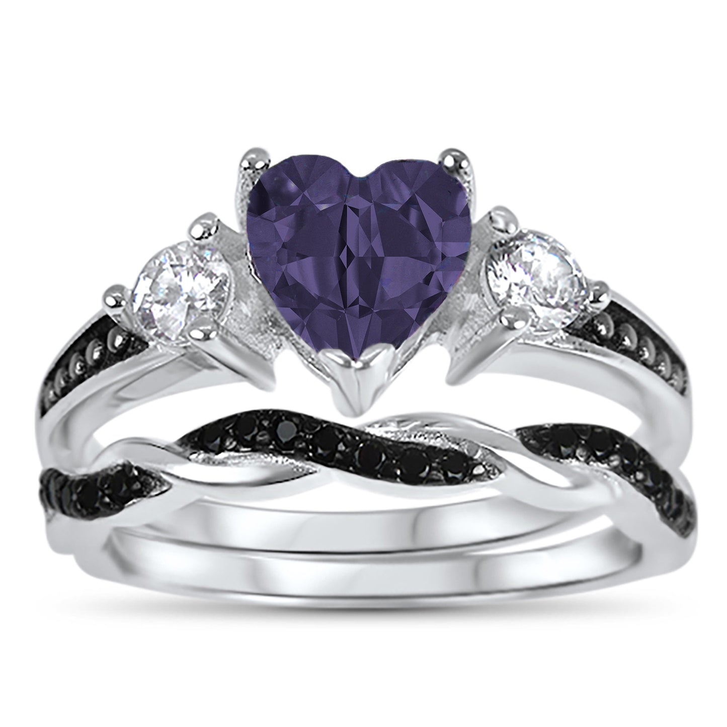 1 Carat Heart Cut Purple CZ Wedding Ring Set in Sterling Silver