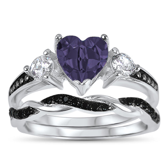 1 Carat Heart Cut Purple CZ Wedding Ring Set in Sterling Silver