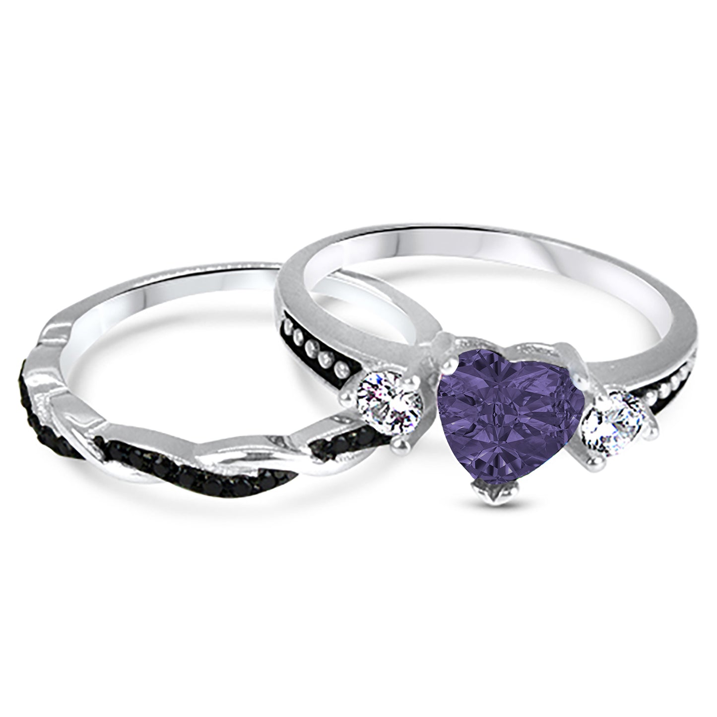 1 Carat Heart Cut Purple CZ Wedding Ring Set in Sterling Silver