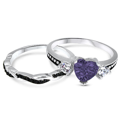 1 Carat Heart Cut Purple CZ Wedding Ring Set in Sterling Silver