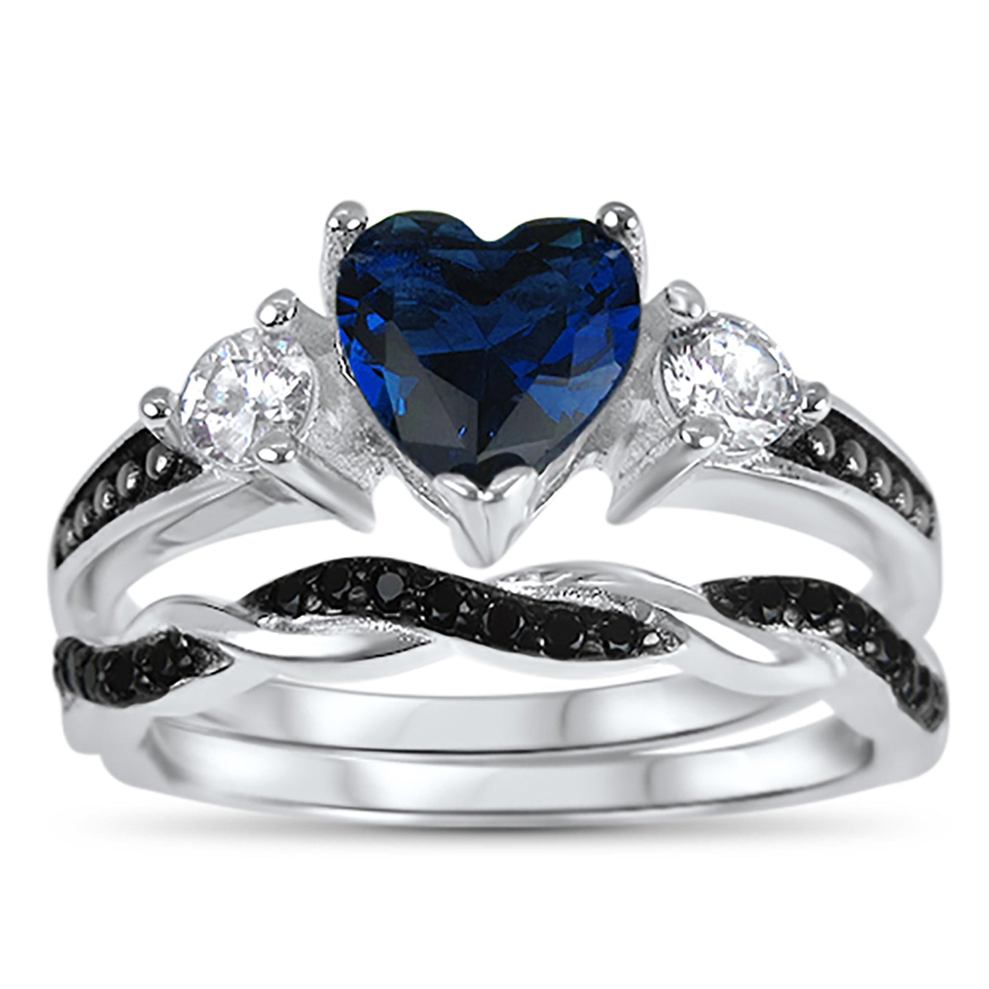 1 Carat Heart Cut Blue Black CZ Unique Silver Wedding Ring Set