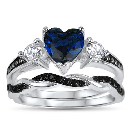 1 Carat Heart Cut Blue Black CZ Unique Silver Wedding Ring Set