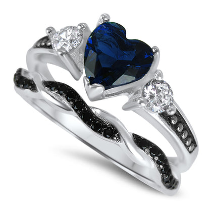 1 Carat Heart Cut Blue Black CZ Unique Silver Wedding Ring Set