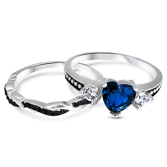 1 Carat Simulated Sapphire Black Rhodium Plated Silver Wedding Ring Set