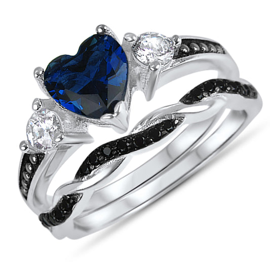 1 Carat Heart Cut Blue Black CZ Unique Silver Wedding Ring Set