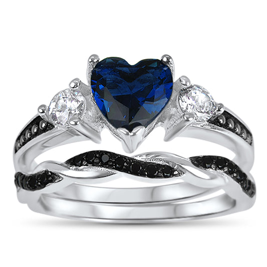 1 Carat Simulated Sapphire Black Rhodium Plated Silver Wedding Ring Set