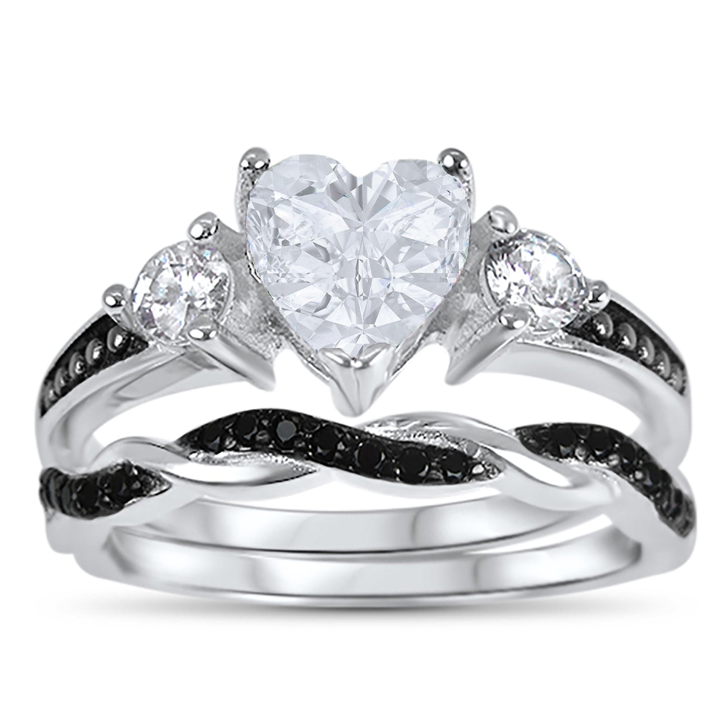 1 Carat Heart Cut White Black CZ Unique Silver Wedding Ring Set