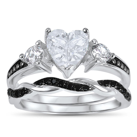 1 Carat Heart Cut White Black CZ Unique Silver Wedding Ring Set