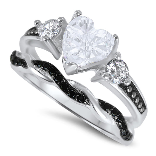 1 Carat Heart Cut White Black CZ Unique Silver Wedding Ring Set