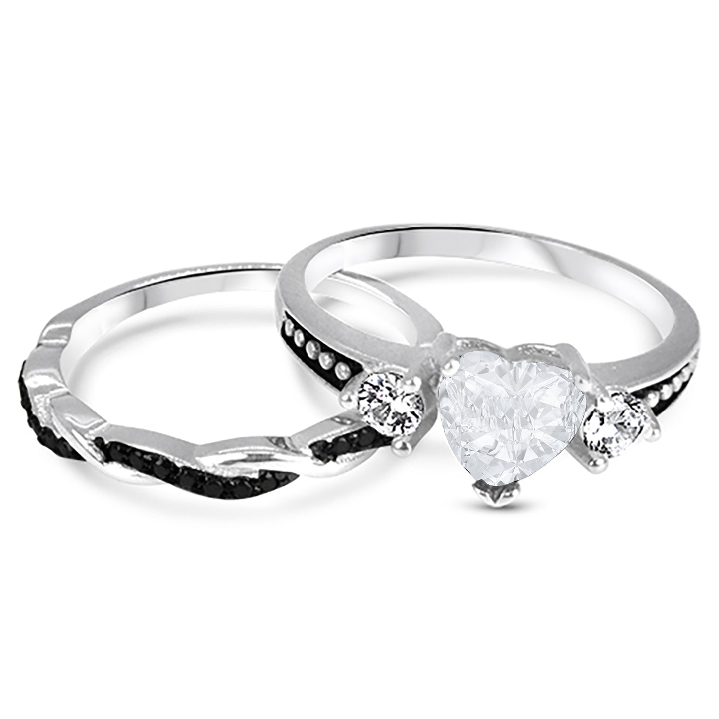 1 Carat Heart Cut White Black CZ Unique Silver Wedding Ring Set