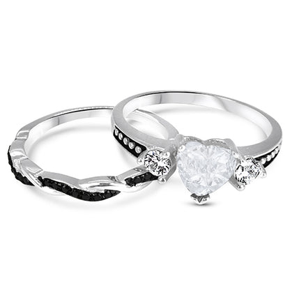 1 Carat Heart Cut White Black CZ Unique Silver Wedding Ring Set