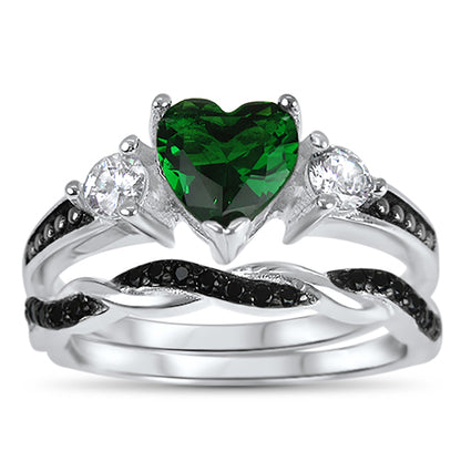 1 Carat Heart Cut Green Black CZ Unique Silver Wedding Ring Set