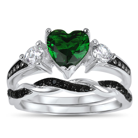 1 Carat Heart Cut Green Black CZ Unique Silver Wedding Ring Set