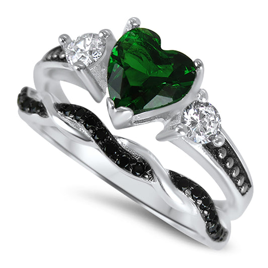 1 Carat Heart Cut Green Black CZ Unique Silver Wedding Ring Set