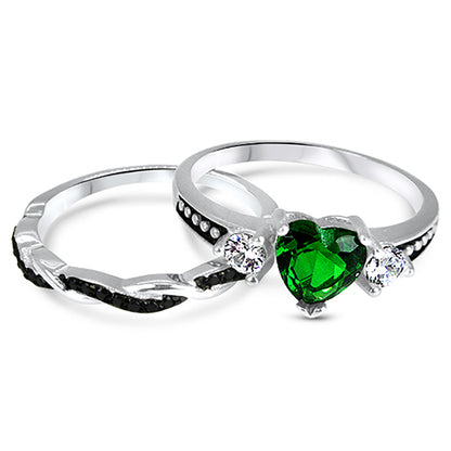 1 Carat Simulated Emerald Black Rhodium Plated Silver Wedding Ring Set