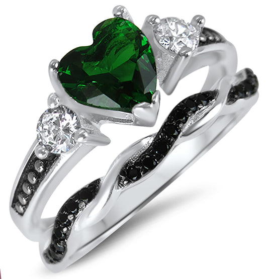 1 Carat Simulated Emerald Black Rhodium Plated Silver Wedding Ring Set