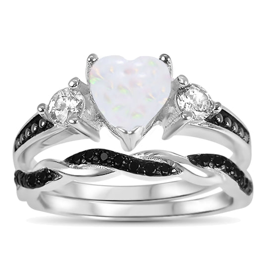 1 Carat Lab Created Opal Heart Black CZ Unique Silver Wedding Ring Set