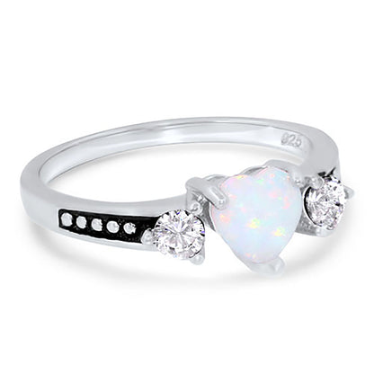 1 Carat Lab Created Opal Heart Black CZ Unique Silver Wedding Ring Set