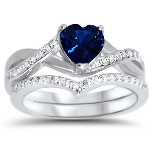 1 Carat Heart Cut Simulated Sapphire Sterling Silver Wedding Ring Set