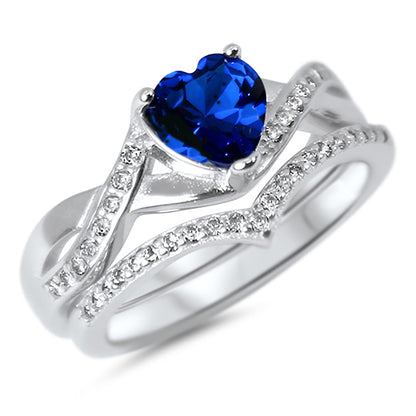 1 Carat Heart Cut Simulated Sapphire Sterling Silver Wedding Ring Set