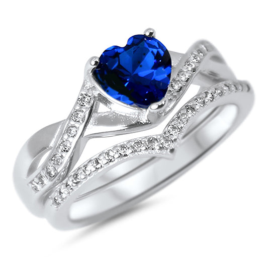 1 Carat Heart Cut Simulated Sapphire Sterling Silver Wedding Ring Set