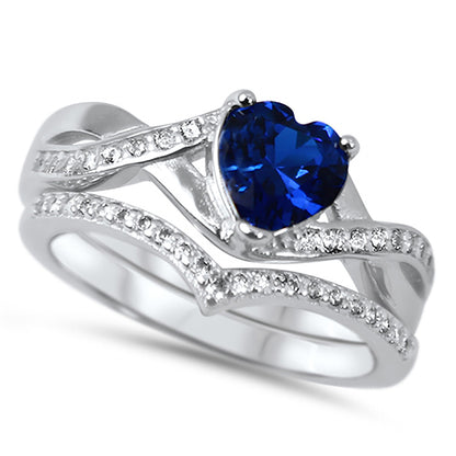 1 Carat Heart Cut Simulated Sapphire Sterling Silver Wedding Ring Set