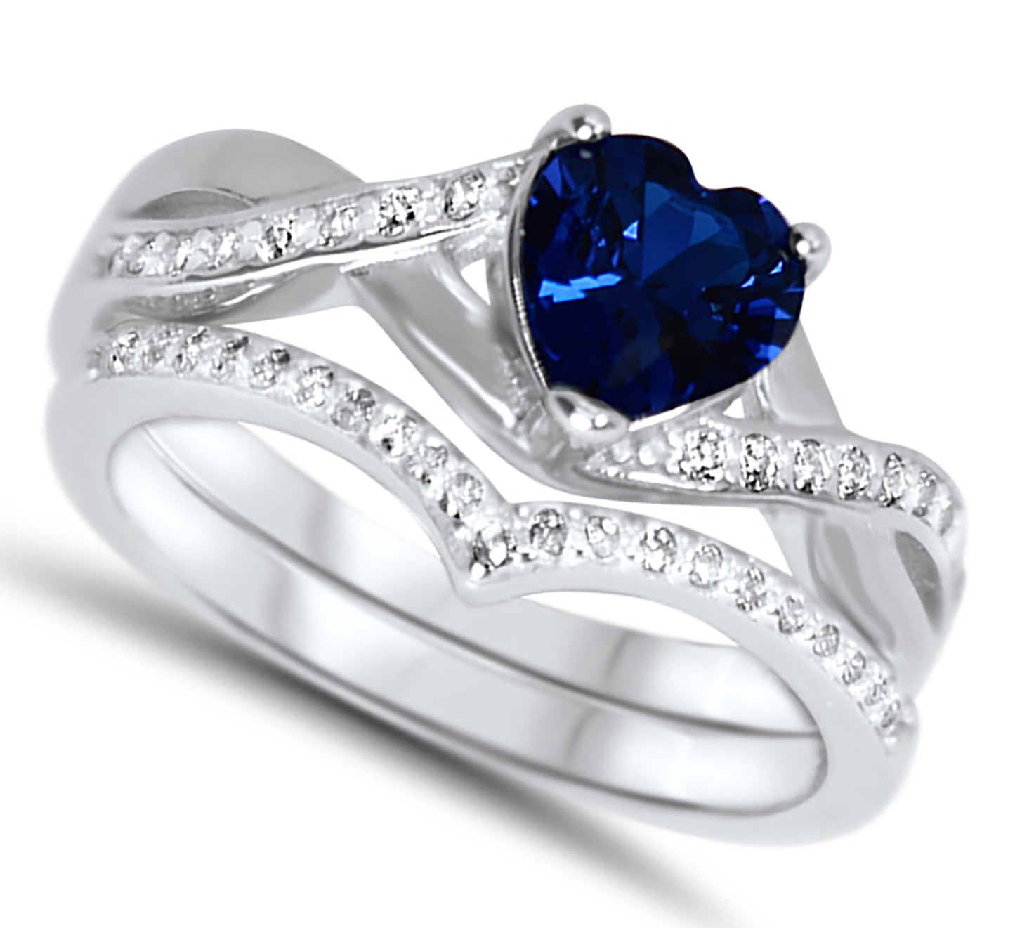 1 Carat Heart Cut Simulated Sapphire Sterling Silver Wedding Ring Set