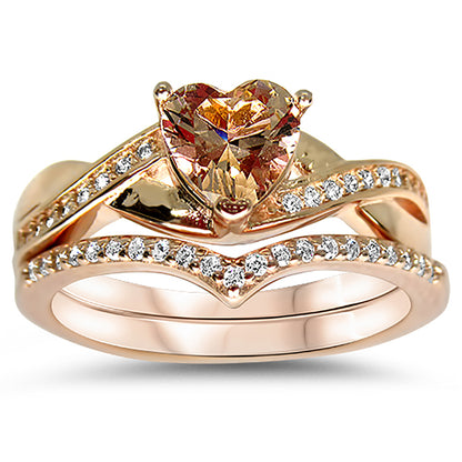 1 Carat Simulated Morganite Heart Cut Rose Gold Plated Silver Wedding Set