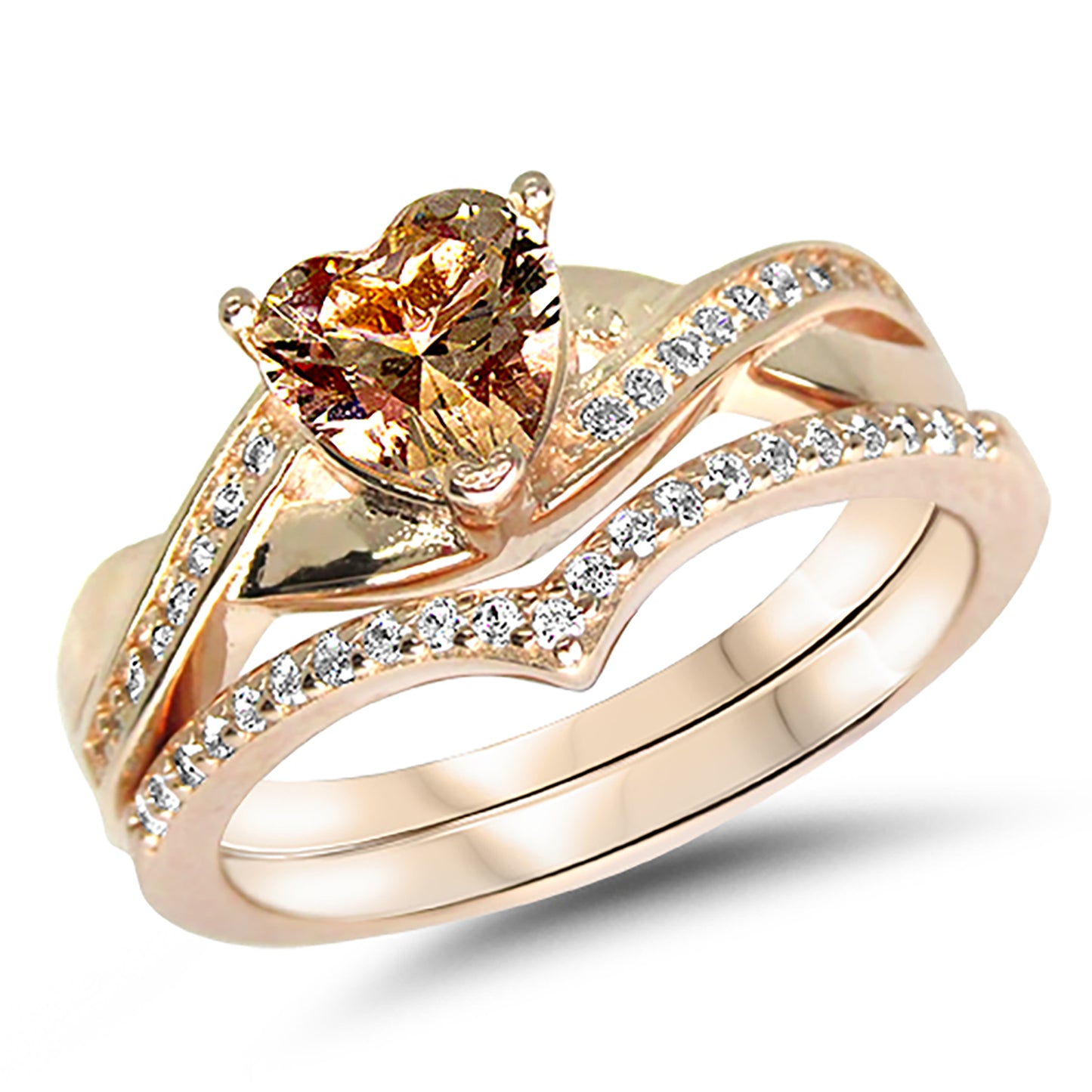 1 Carat Simulated Morganite Heart Cut Rose Gold Plated Silver Wedding Set