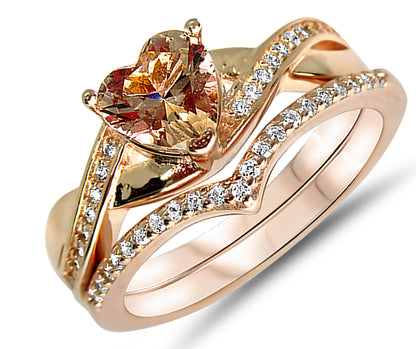 1 Carat Simulated Morganite Heart Cut Rose Gold Plated Silver Wedding Set