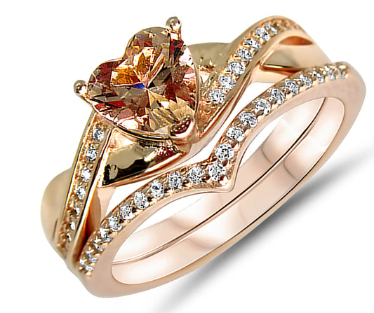 1 Carat Simulated Morganite Heart Cut Rose Gold Plated Silver Wedding Set